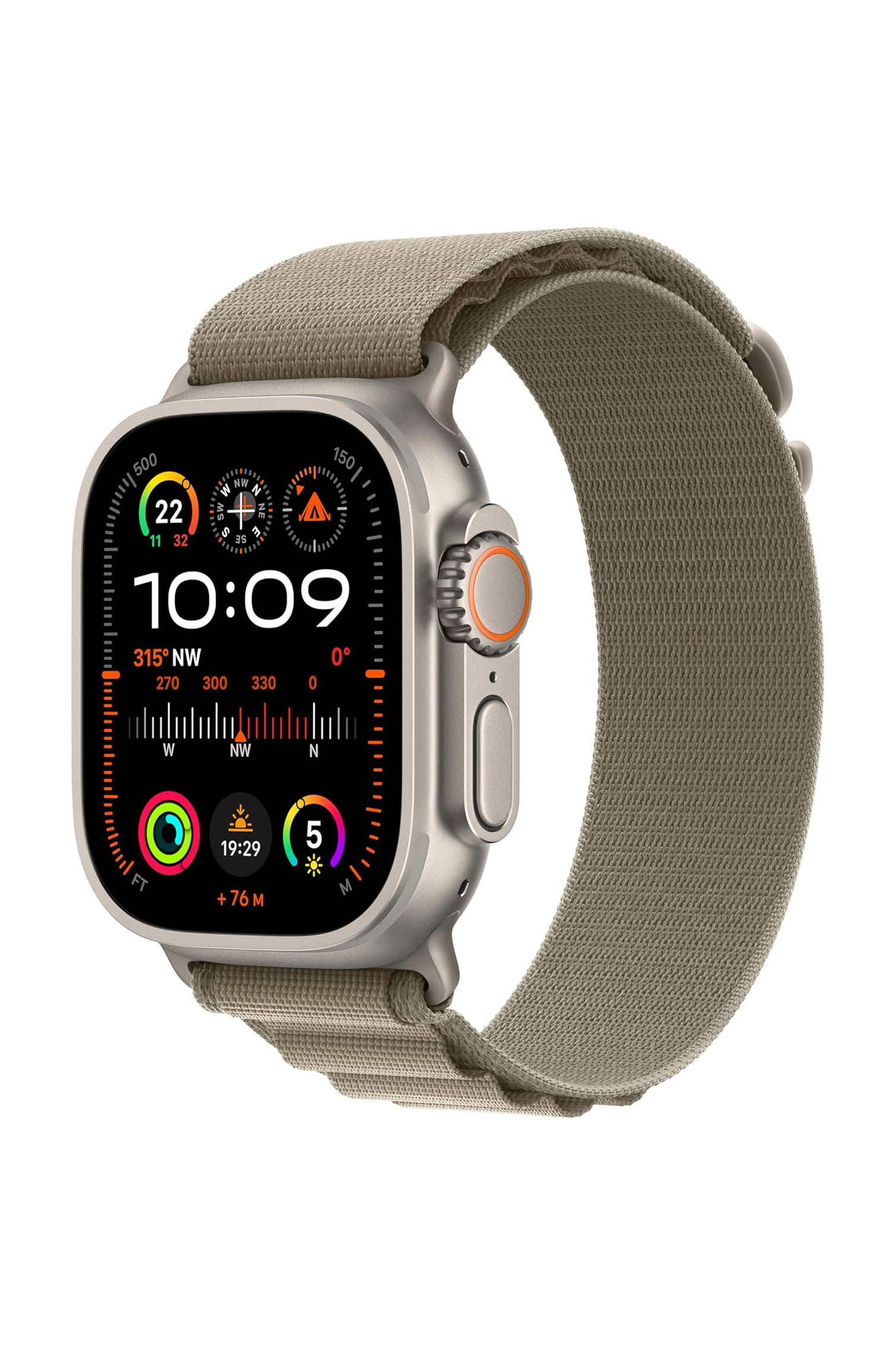 An image of an Apple Watch Ultra. The watch has a black rounded rectangular face and khaki coloured strap.