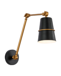 Image of an angle poise wall light in antique gold and black.