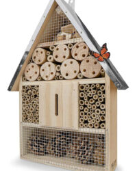 An image of a wooden bug hotel. Lots of different compartments, nooks and crannies for hibernating insects.