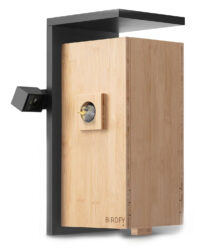 An image of a contemporary style next box with two integral cameras - one focusing on the entrance, the other fitted inside the next box. Natural wood and black metal fixing.