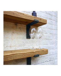 An image of two chunky wooden shelves on black wrought iron brackets.