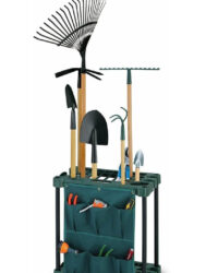 An image of a handy garden implement and tool green plastic caddy. Accommodates small hand tools as well as large implements like rakes, hoes, forks etc.