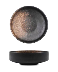 Japanese-Style Ceramic Bowl An image of a Japanese-style brown ceramic bowl show in both side and top views.
