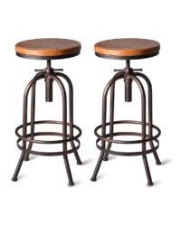 Image showing two identical stools. Retro style four rounded metal legs and adjustable round wooden seat.