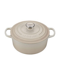 An image of a small Le Creuset casserole pot in "Almond".