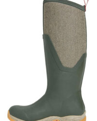 An image of a "Muck" wellington boot. Green rubber with green neoprene upper. Waterproof and warm.