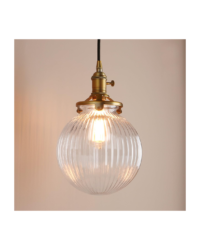 Image of a round ribbed glass ceiling pendant light fitting.