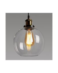 Image of a round clear glass pendant light fitting with filament bulb.