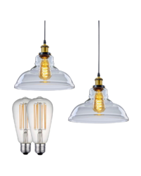 An image of two shaped clear glass pendant light fittings with bulbs.