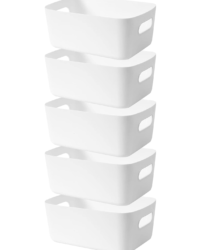 An image showing five white plastic storage containers with integral cut-out handles. Handy for storing cleaning products, cloths and brushes.