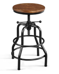 Image of a vintage style barstool with black metal legs and adjustable wooden round seat.