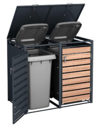 An image of a wheelie bin hideaway storage unit. black metal body and hinged top lid, with natural stained slatted wooden access doors. Accommodates two bins.