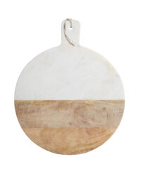 An image of a round chopping board with integral handle (with hole to hang). The chopping board is half white marble and half natural wood.