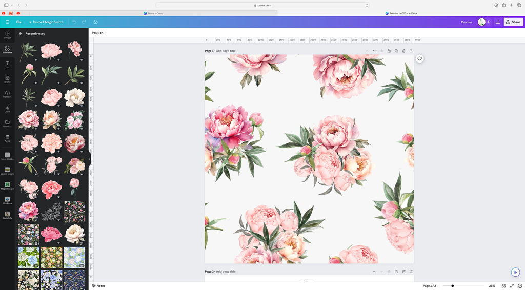 An image of a screenshot of a workspace in Canva (an online graphic design website). The image shows Canva's user interface and a the pattern created for the fabric used to create the hero image in this blog post.
