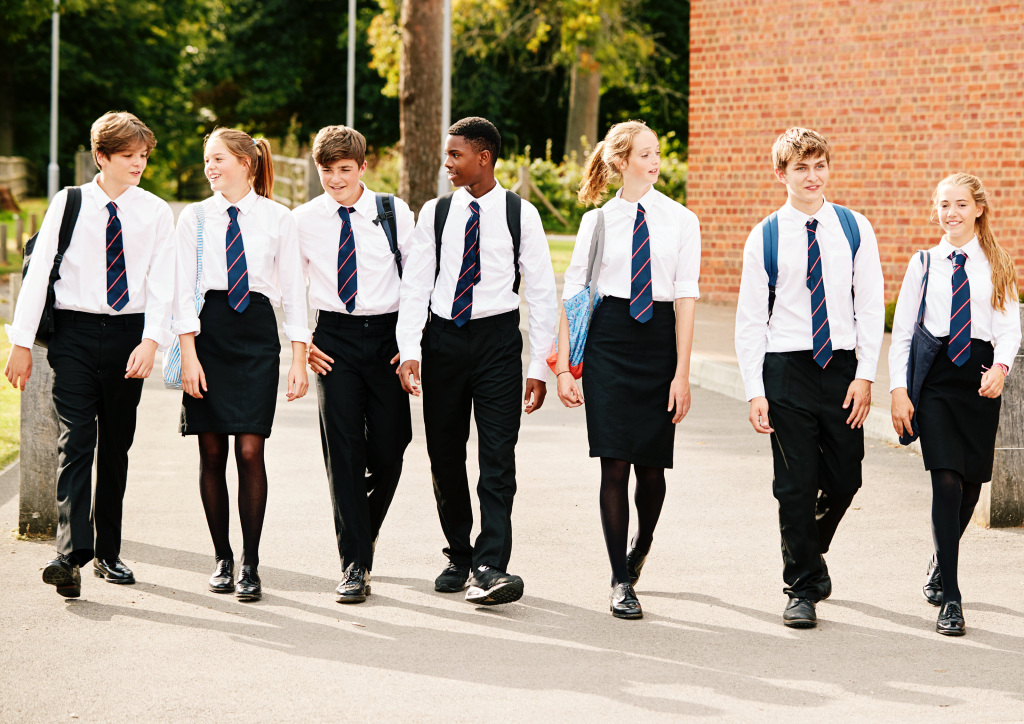 An image of a group of school children returning to school wearing school uniforms.