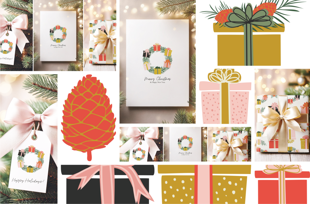 Image showing a collage featuring design elements for the Boxwood & Bay FREE Christmas artwork giveaway. 