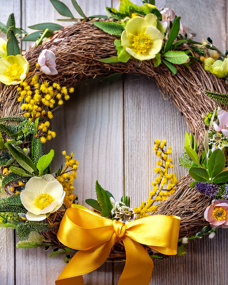 An image of a small round handmade Spring flower wreath with feature decorative yellow satin bow. A perfect handmade Mother's Day gift idea.