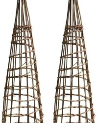 An image of a pair of spiral woven willow garden obelisks for climbing plants.