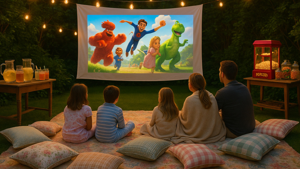 Image showing a family enjoying a summer outdoor movie night. A sheet is stretched out for the screen. There are tables with family friendly drinks, candies and a popcorn machine. There is a large floral rug or blanket on the ground topped with scattered cushions.