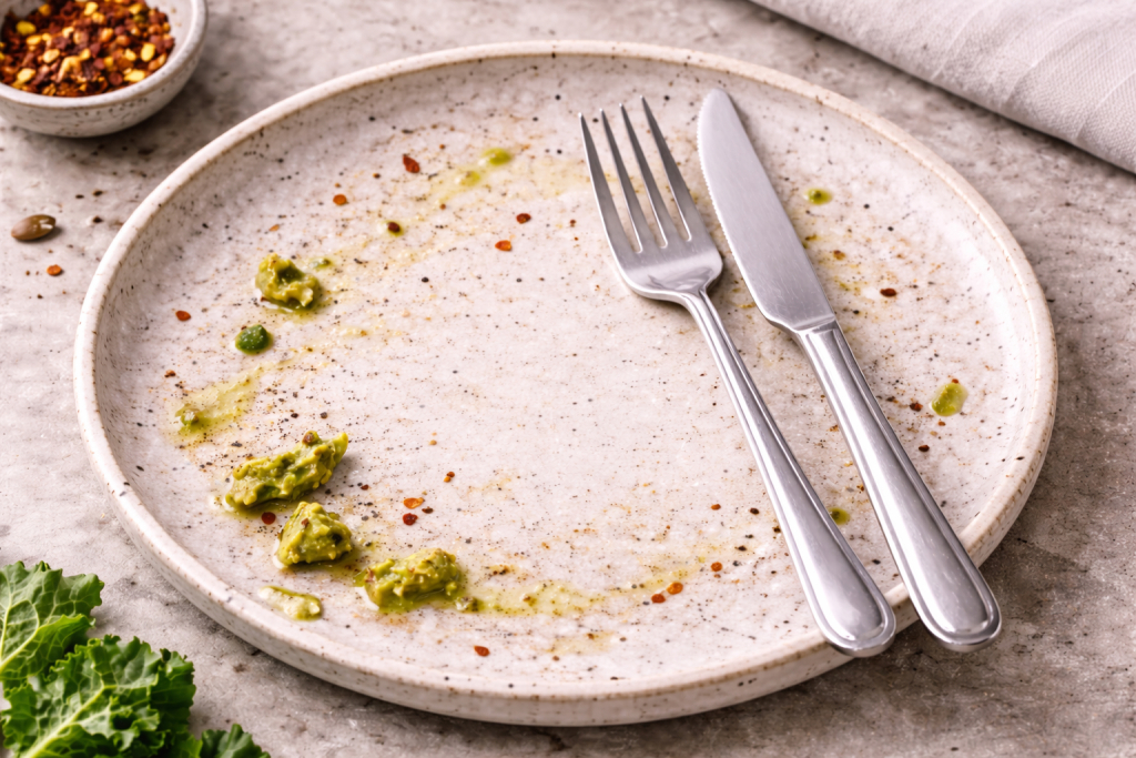 An image of an empty plate where there had been avocado, kale and poached egg on toast.
