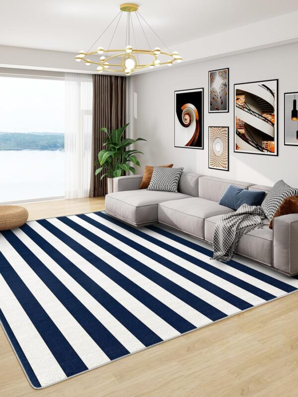 An image of the Blue and White Striped Rug in a living room setting. Available to buy from Amazon.