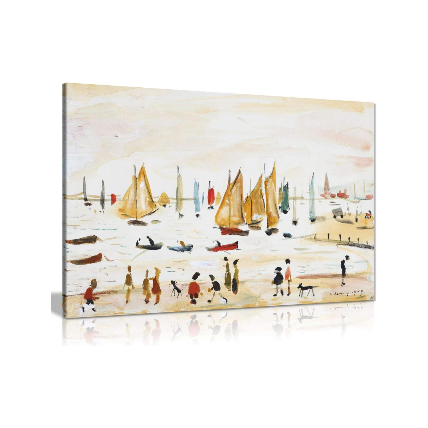 L S Lowry yachts canvas print depicting sailing boats and figures along a harbour shoreline