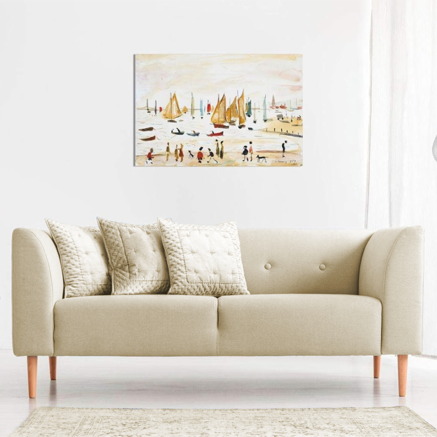 Room setting featuring L S Lowry Yachts canvas print depicting sailing boats and figures along a harbour shoreline