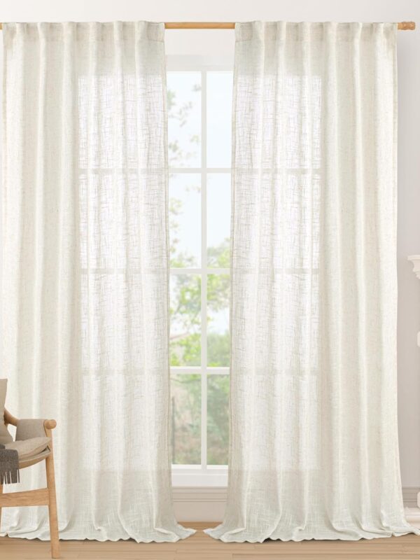 Image of Linen Mix Curtain Panels hanging in large window. Available to buy from Amazon.