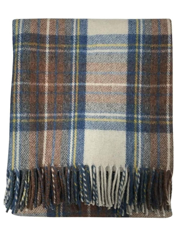 Pure wool tartan throw in Stewart muted blue plaid with fringed edge