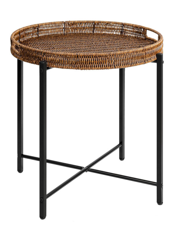 round rattan tray side table with woven top and black metal frame