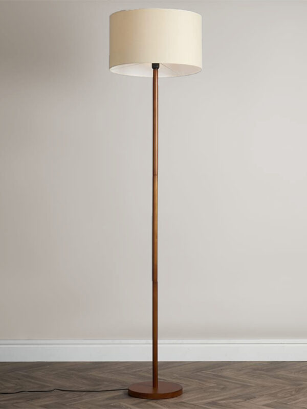 scandi floor lamp with beige drum shade