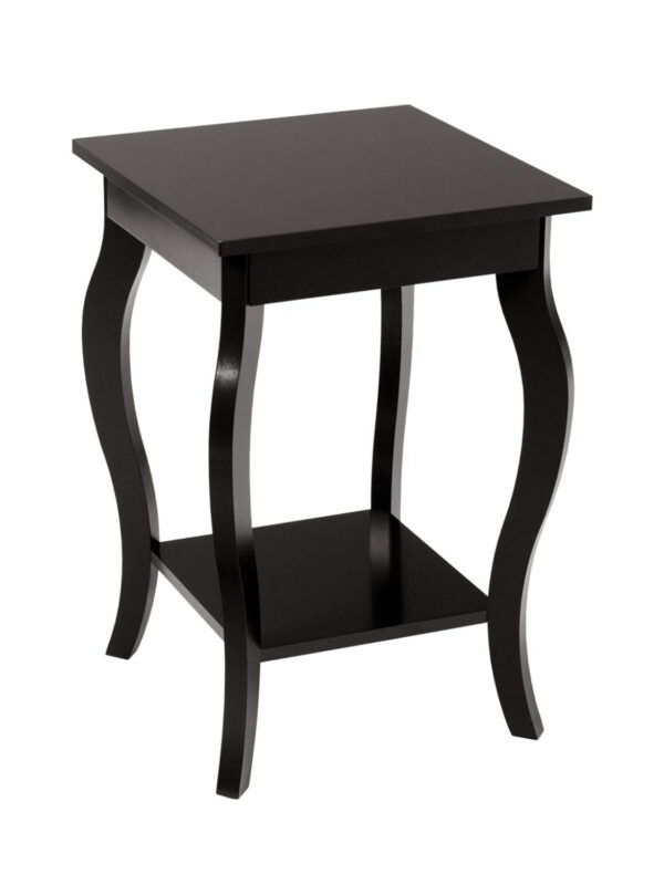 Square two-tier end table with curved legs and open shelf storage in black finish