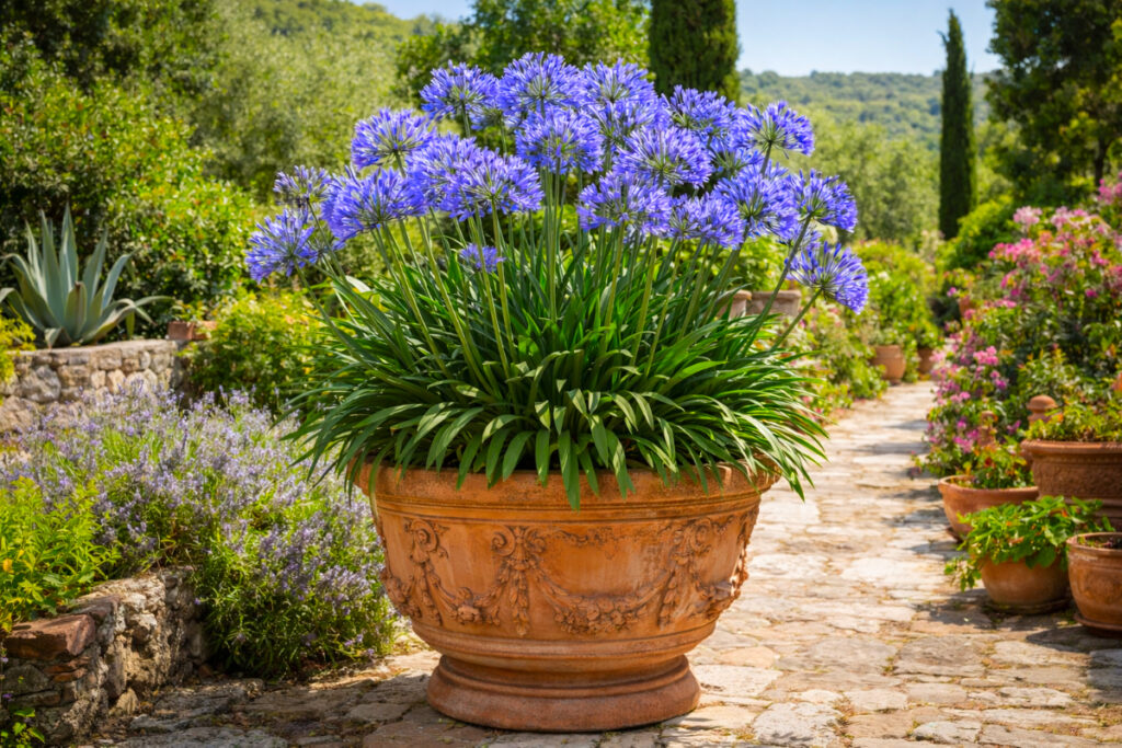 An image of a terracotta Italian style pot filled with flowering Agapanthus plants set within an Italian style garden.
