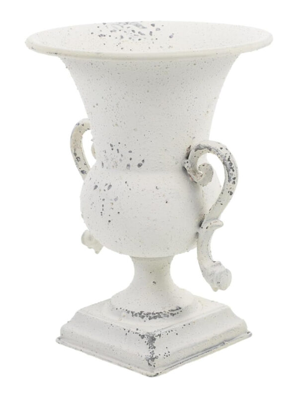 Antique style decorative metal urn planter with scroll handles and pedestal base in distressed off white finish
