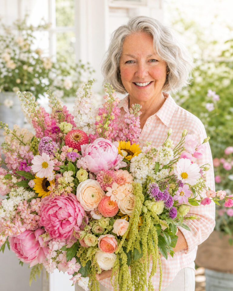 Image of me holding a bunch of flowers cut from my flower garden.